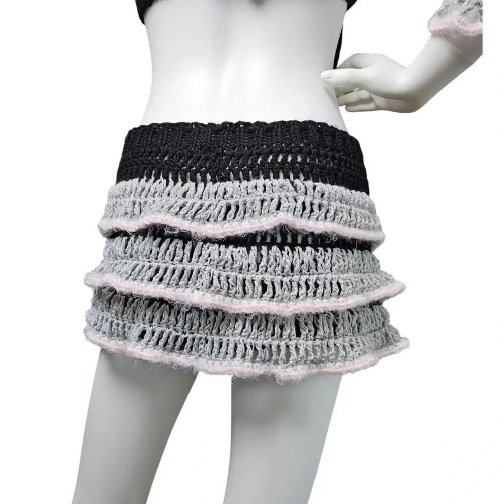 Handmade Crochet Mini‎ Skirt – Black, Gray & Pink Ruffle Knit